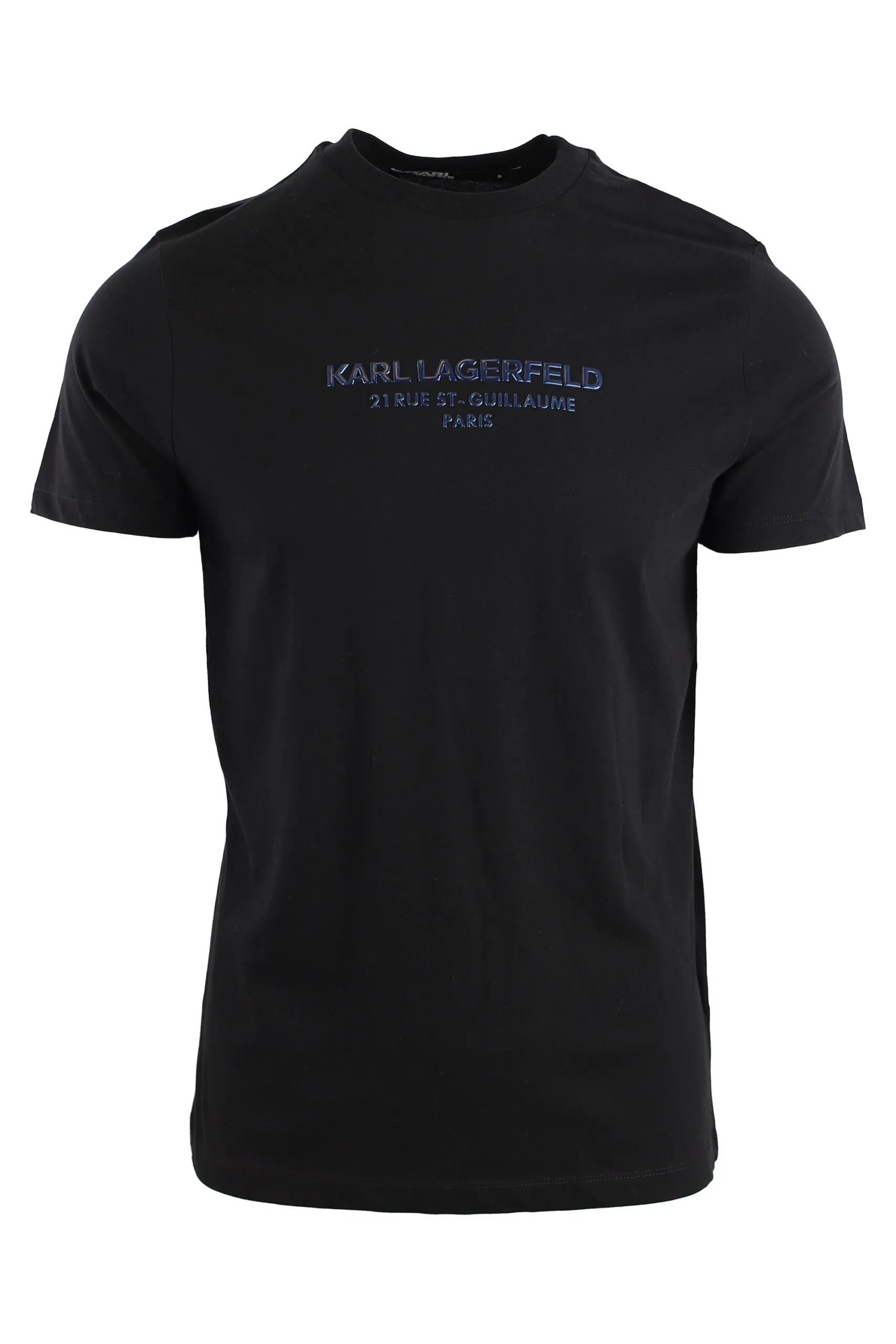 Camiseta negra con logo azul metalizado