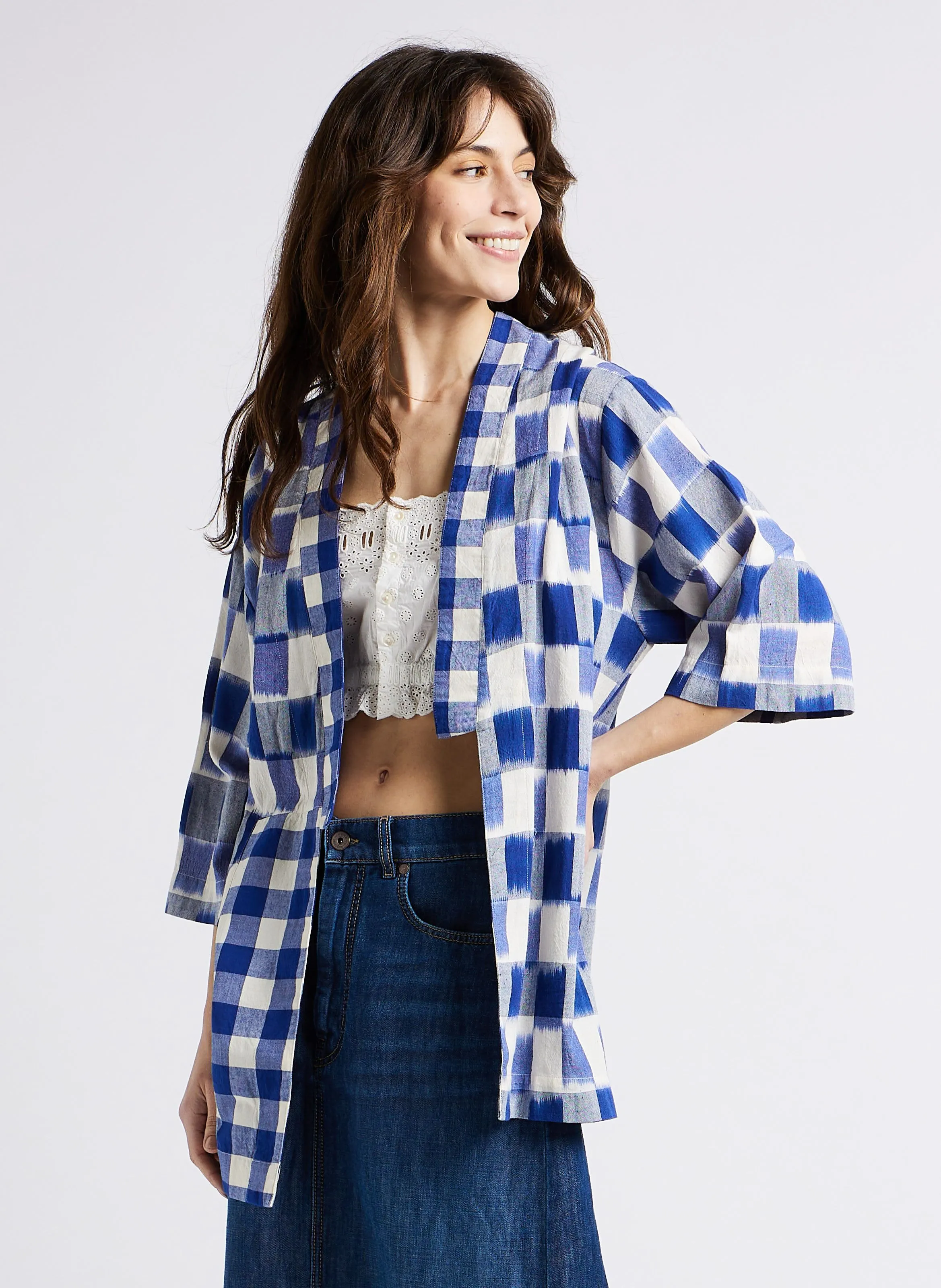 DILLI - Kimono recto de algodón de cuadros en azul
