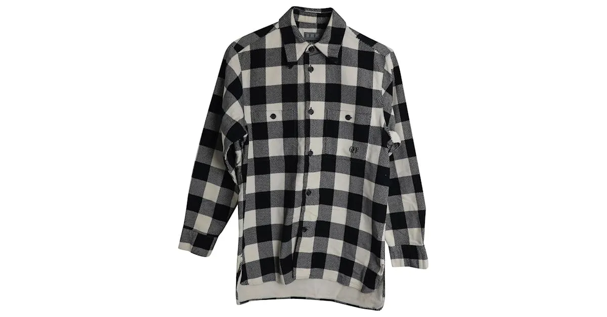 Gianfranco Ferré Gianfranco Ferre Gingham Button Down en franela de algodón blanco y negro Impresión de pitón 