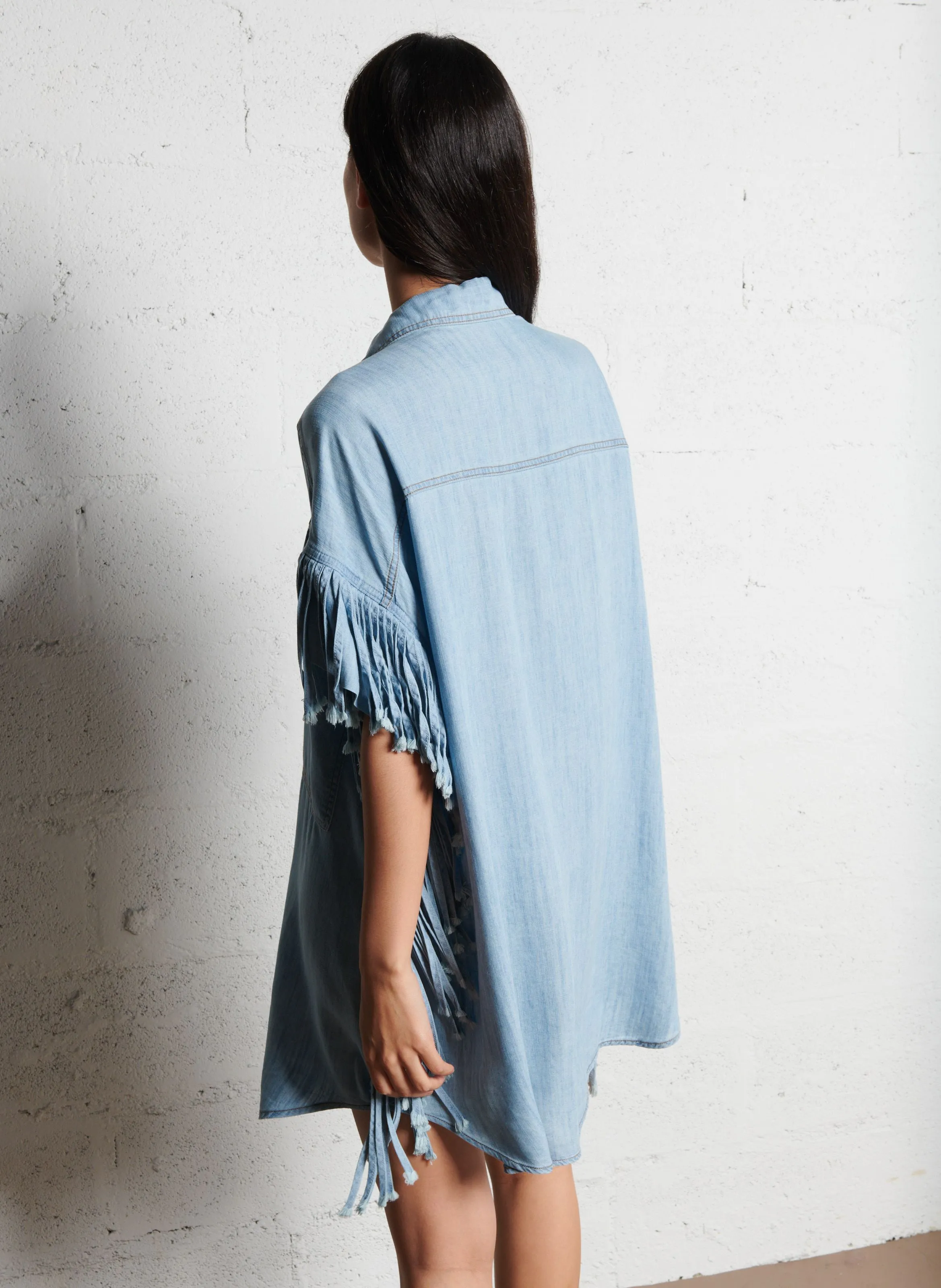 IBRONSON - Robe chemise courte à franges en azul