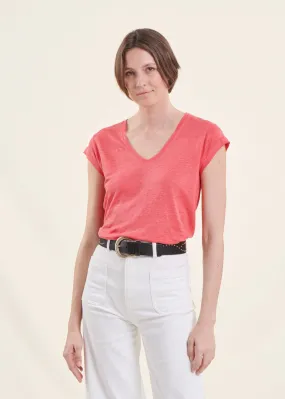 LA FEE MARABOUTEE Camiseta de lino con cuello de pico en rosa