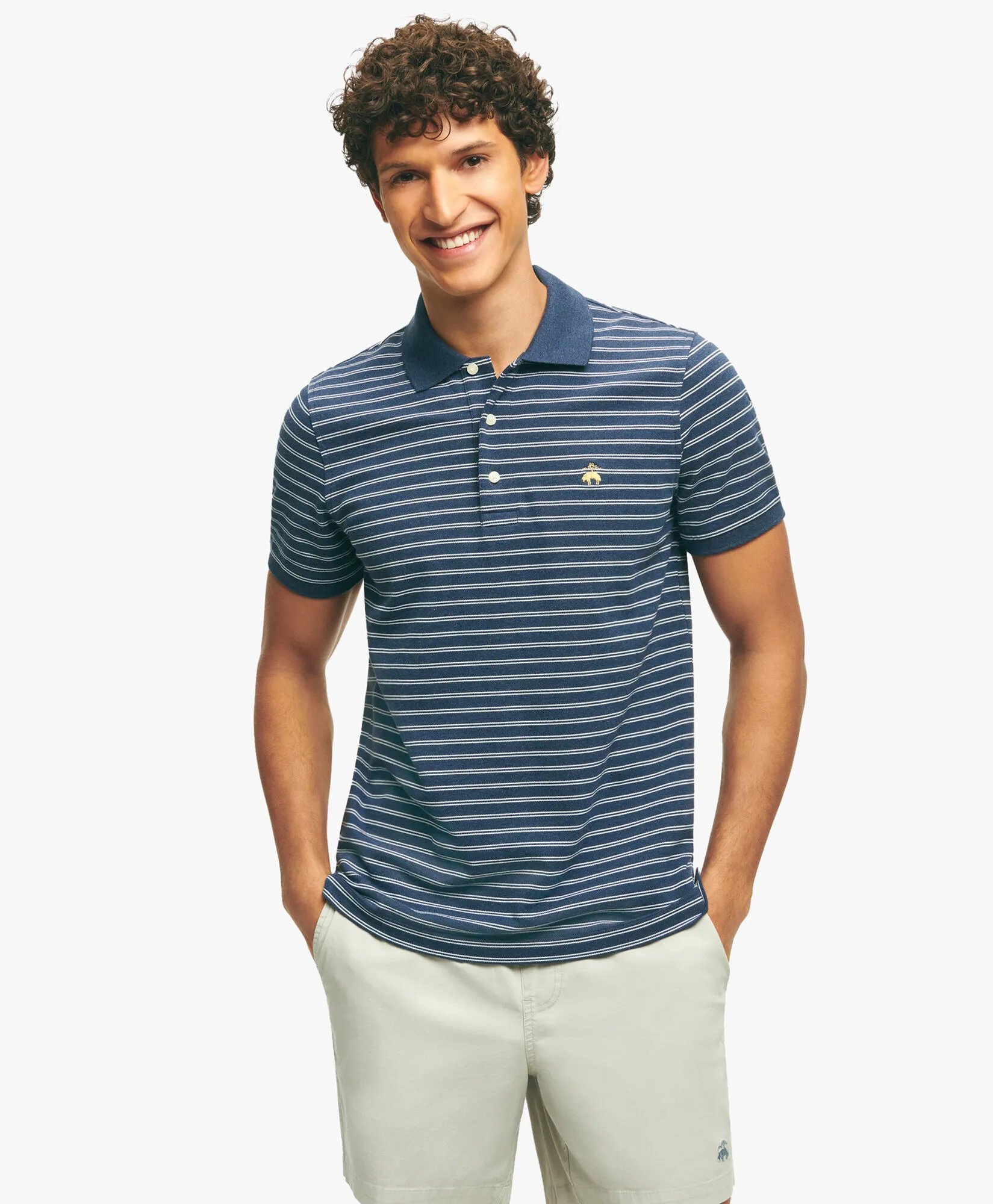 Polo azul marino y blanco en Golden Fleece de algodón a rayas