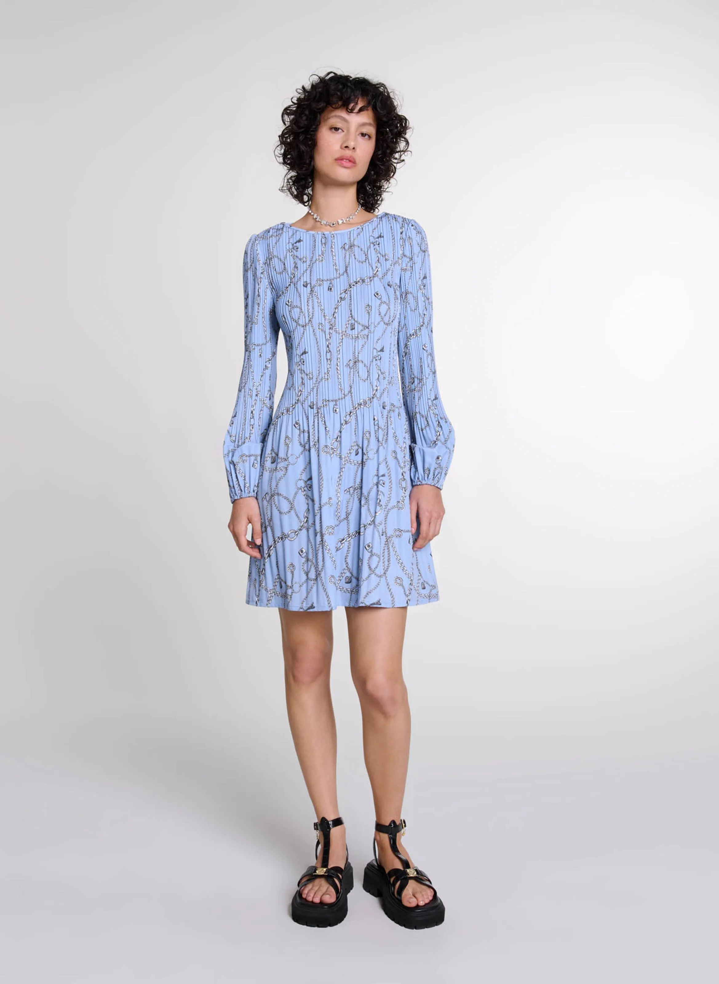 Robe courte col rond imprimée en azul