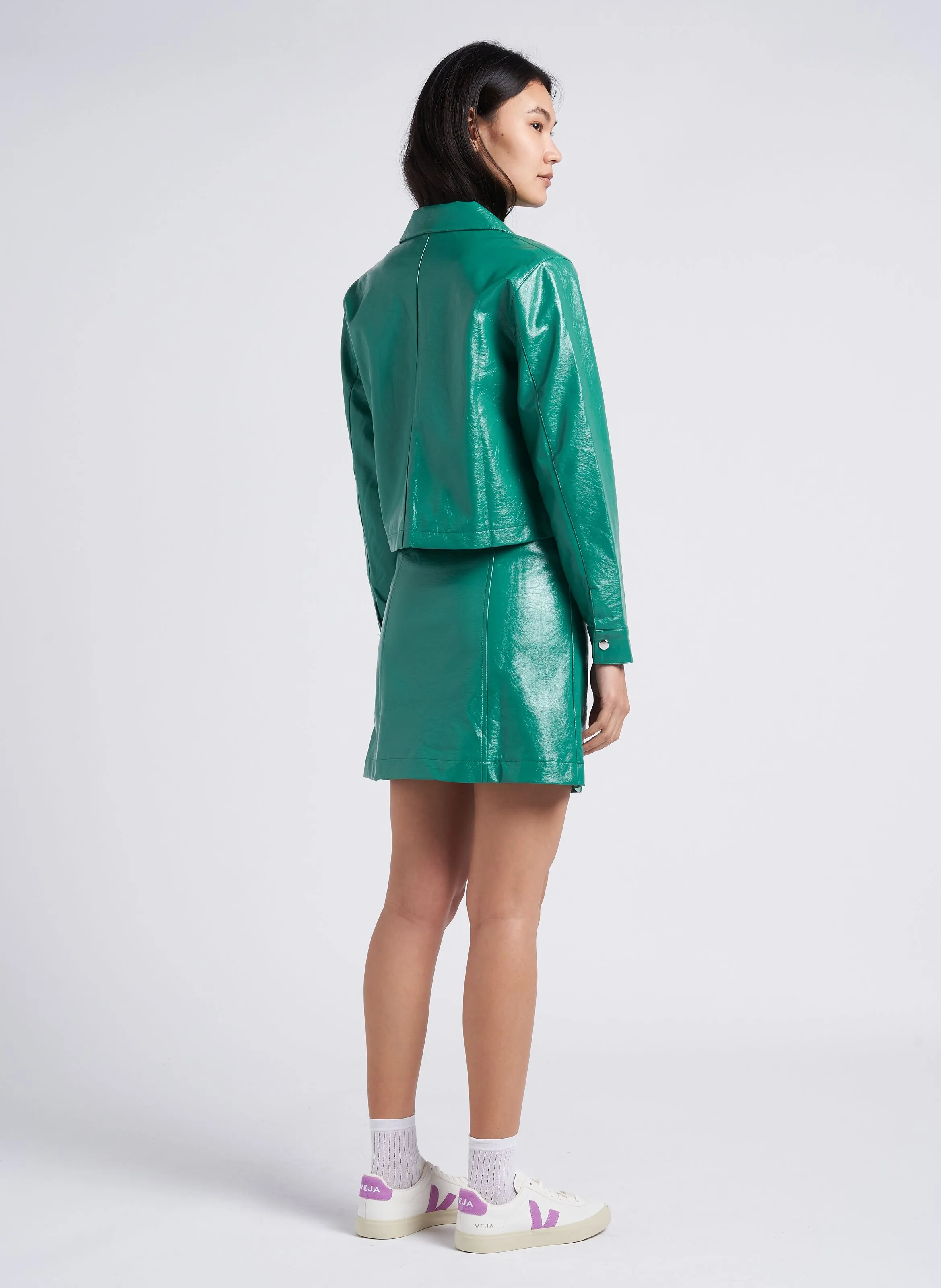 SHENZI - Chaqueta recta de mezcla de algodón con cuello clásico en verde