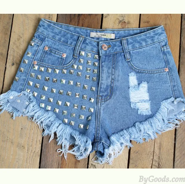 Summer Sexy Ripped High Waist Denim Shorts Jeans  Plus Size Hot Rivet Wonmen Shorts